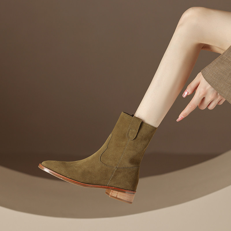 웨스턴 카우보이 부츠 숏부츠 여성 부츠 누벅 가죽 미드 종아리 마틴 부츠 작업복 미디엄 힐 두꺼운 힐 봄 가을 겨울 신작