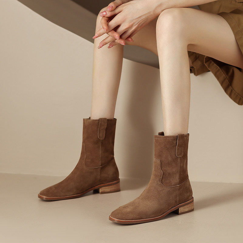 웨스턴 카우보이 부츠 숏부츠 여성 부츠 누벅 가죽 미드 종아리 마틴 부츠 작업복 미디엄 힐 두꺼운 힐 봄 가을 겨울 신작