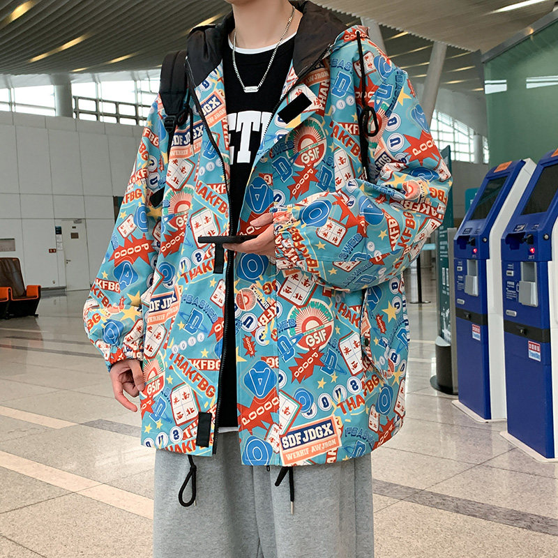 秋季新款潮流印花男士连帽夹克宽松情侣外套J,男装夹克,电商A073