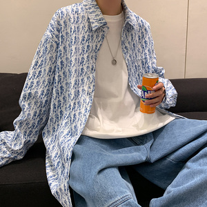 潮流时尚几何印花长袖衬衫男大码宽松百搭防晒衬衣外头CS2113图片