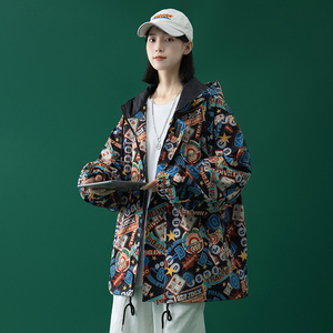 中性风秋季新款潮流印花男士连帽夹克宽松情侣外套JK2106P80