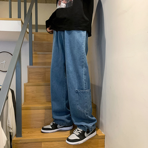 复古水洗抽绳工装牛仔裤男宽松大码束脚牛仔九分裤