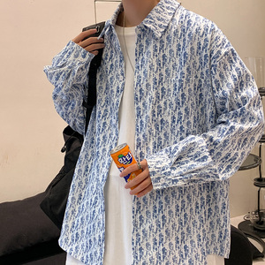 潮流时尚几何印花长袖衬衫男大码宽松百搭防晒衬衣外头CS2113图片