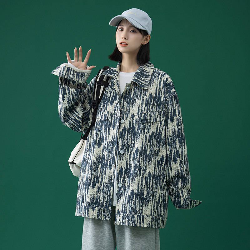 中性风 秋季潮流抓痕扎染牛仔夹克男女同款情侣外套J图片
