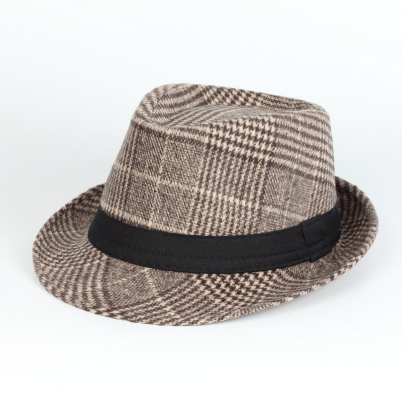 秋冬新款经典格子英伦爵士礼帽复古男士平顶潮帽型男保暖毛呢帽子