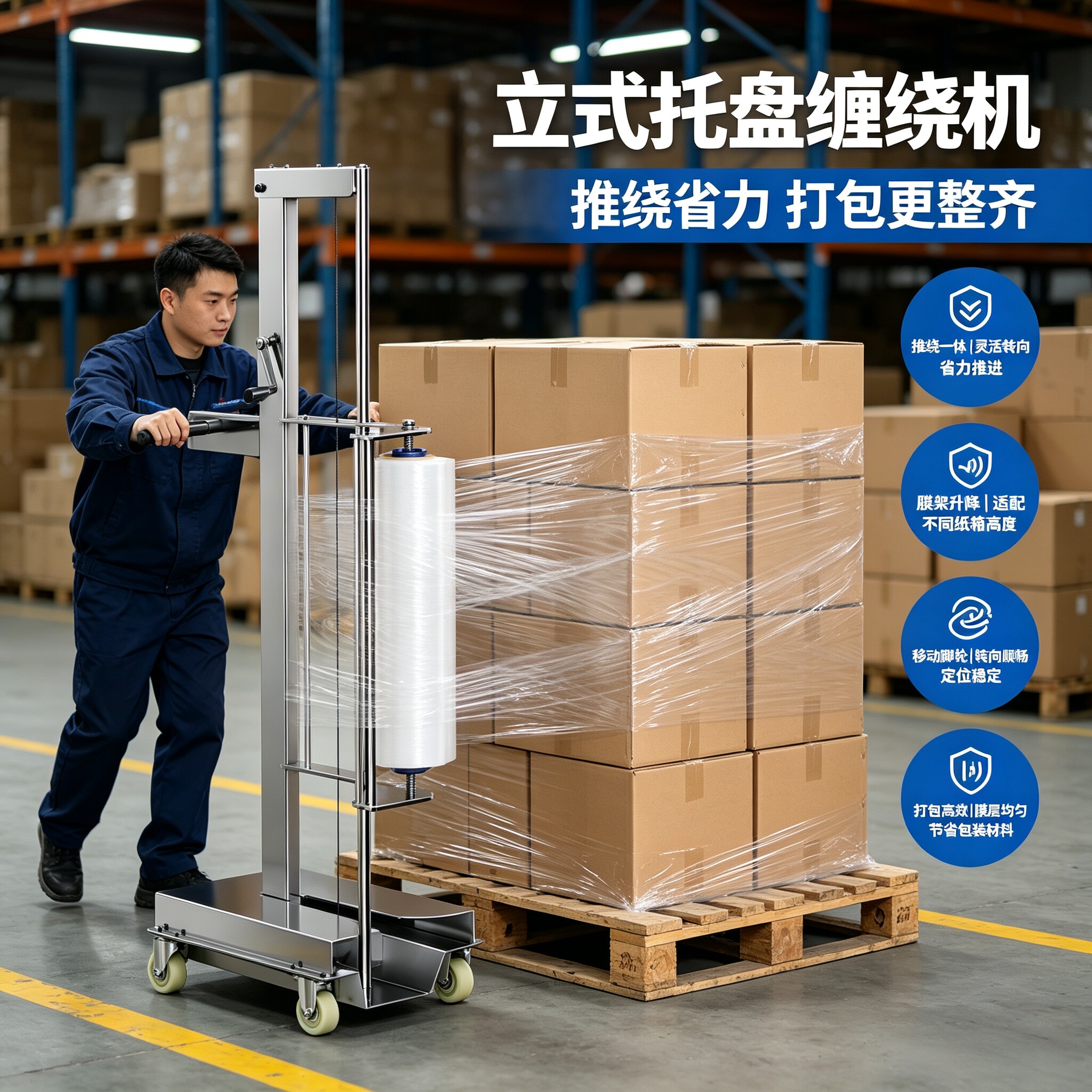 手动升降式缠绕膜打包机带滑轮工业包装膜专用神器手柄拉伸pe薄膜
