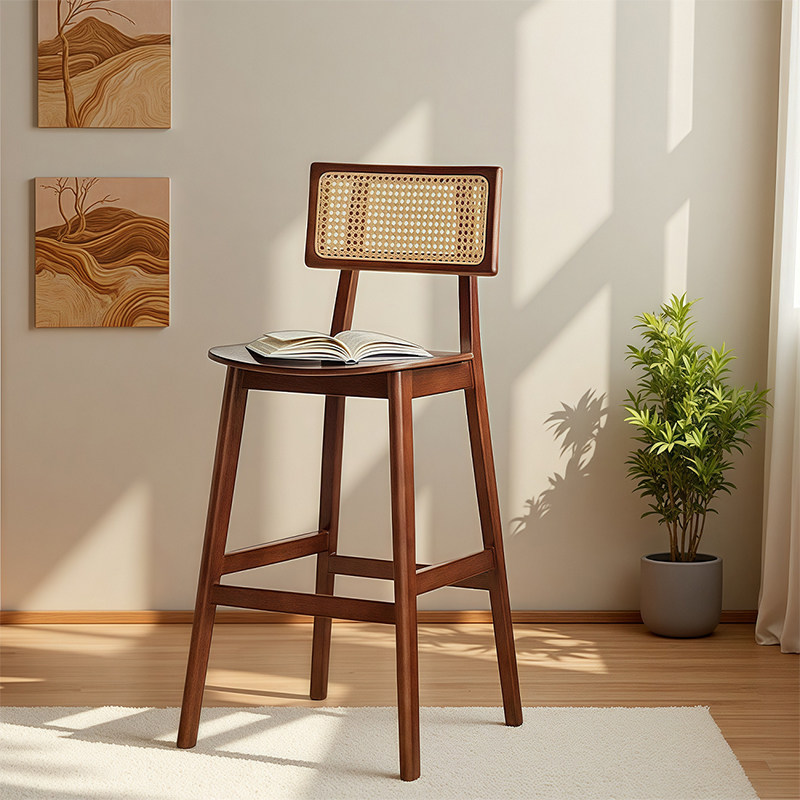 实木藤编吧台椅中古风餐椅北欧复古家用岛台椅酒吧前台靠背高脚椅