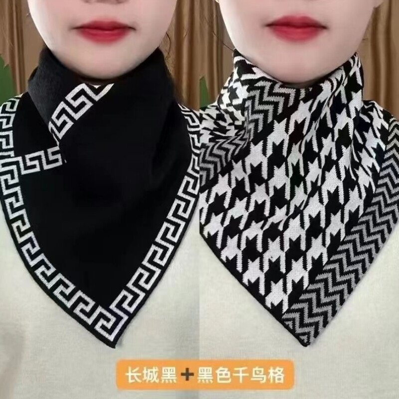 三角围巾围脖护颈假领套头脖套保暖男女三角巾秋冬千鸟格黑色白色