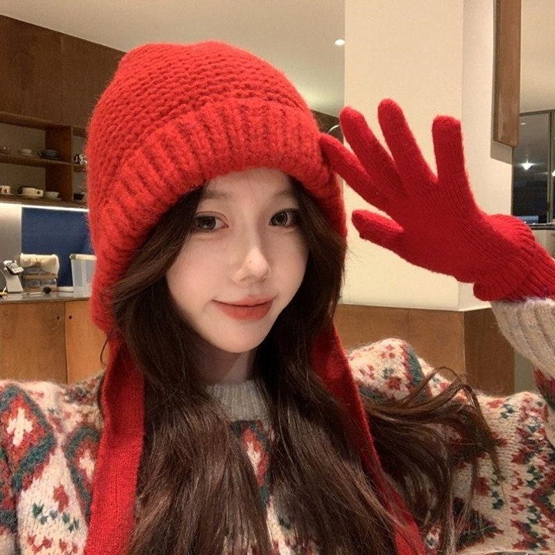 韩系纯色套头帽女生秋冬加厚款护耳保暖毛线帽针织帽包包帽子两用