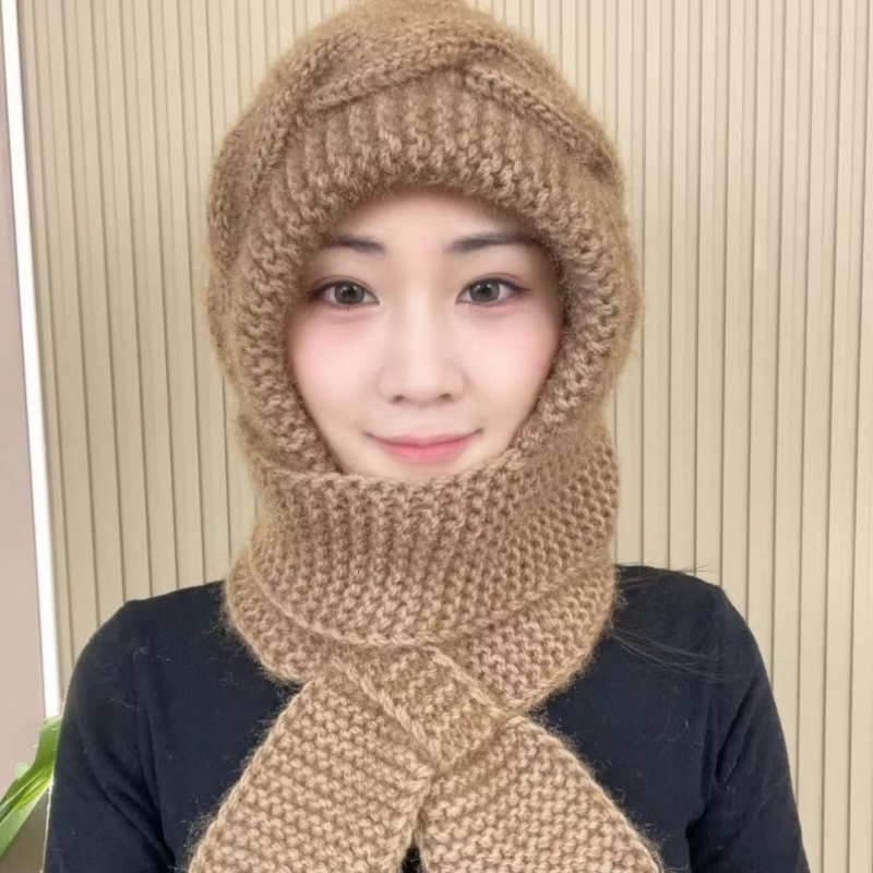 新款棋盘编织风雪帽加厚秋冬帽子女士纯手工保暖围巾针织一体