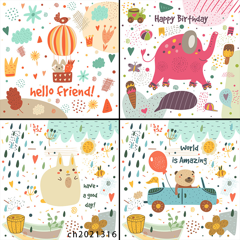 卡通可爱q版手绘儿童插画动物兔子大象背景ai/eps矢量素材