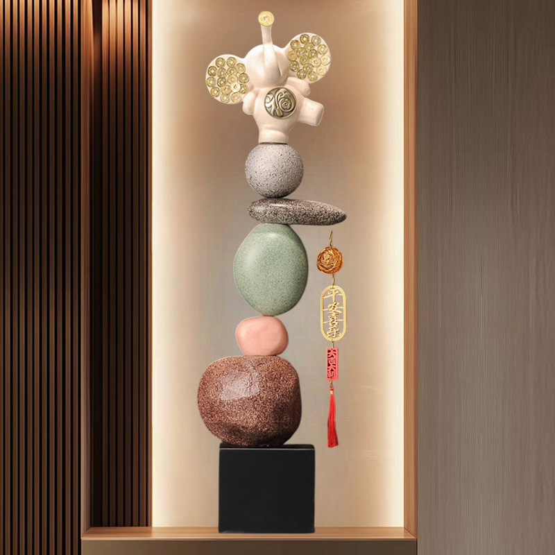 时来运转高级感摆件石头大型落地客厅入户玄关电视柜沙发旁装饰品