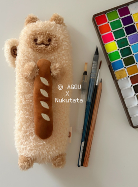 NukutataXagou合作款 小猫阿狗agou法棍细长毛绒便携文具笔袋