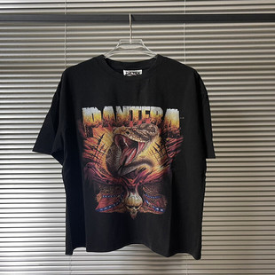 情侣 风T恤男女款 vtg潘多拉乐队美式 高街复古水洗大蛇印花宽松FOG