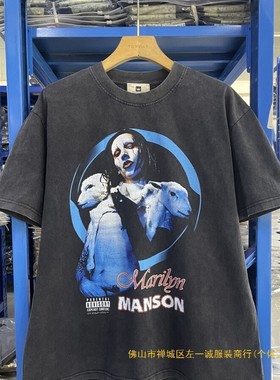 美式复古玛丽莲曼森水洗做旧vintage重磅短袖宽松休闲侃爷同款T恤