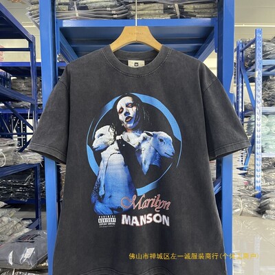 美式复古玛丽莲曼森水洗做旧vintage重磅短袖宽松休闲侃爷同款T恤