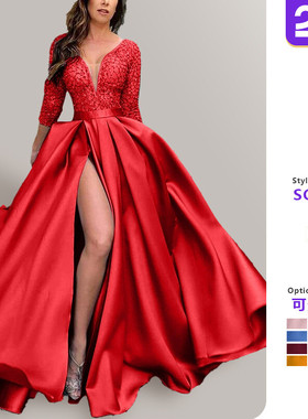 2025春夏欧美外贸女装独立站蕾丝亮片大摆性感长裙拖尾宴会晚礼服