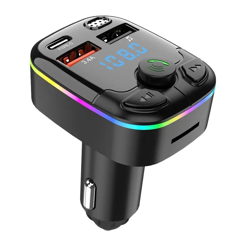 Bluetooth 5.0 Car FM Transmitter PD Type-C Dual USB Ambient
