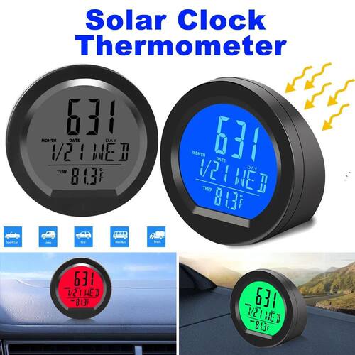 Solar Car Digital Clock Date Week Thermometer LCD Luminous D