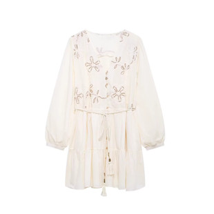 037 V领花朵刺绣配腰带迷你连衣裙女8741 WMXZ春季 8741037新款