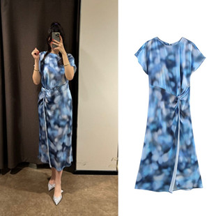 扎染褶皱收腰圆领丝缎质感中长款 WMXZ春季 新品 女装 6962024 连衣裙