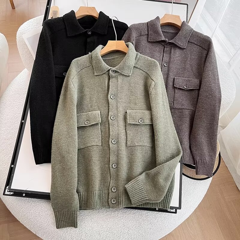 翻领夹克长袖纽扣毛衣外套