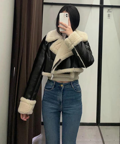 宽松翻领皮毛一体短款夹克外套