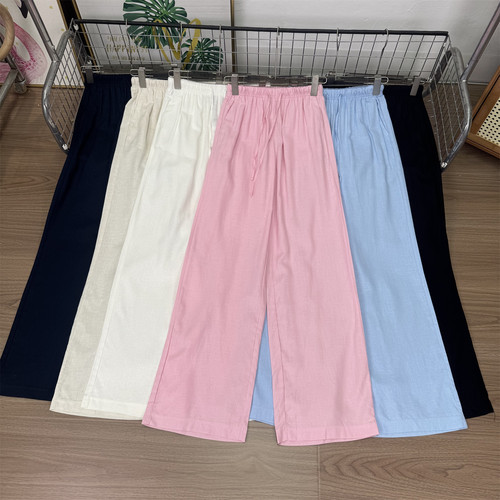WMXZ26年春新品女装时尚亚麻混纺休闲风松紧腰抽绳直筒阔腿长裤