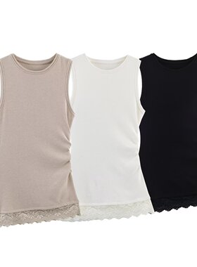 WMXZ春季1067155新款圆领褶皱拼接蕾丝不对称背心上衣女1067/155