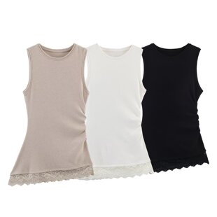 圆领褶皱拼接蕾丝不对称背心上衣女1067 155 1067155新款 WMXZ春季