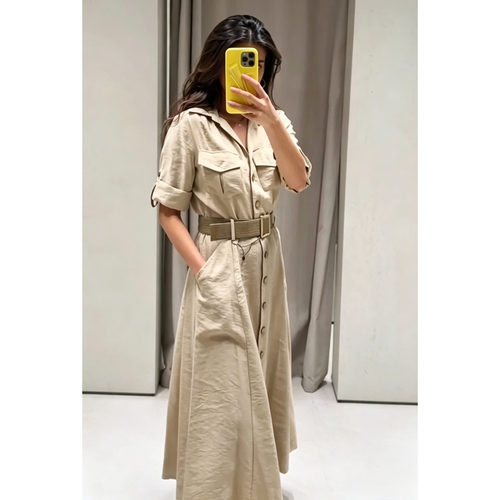 WMXZ夏季新品女装极简风卷边短袖翻领配腰带衬衫式连衣裙 7684531