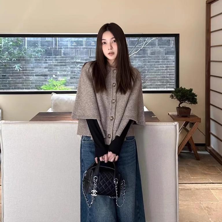 WMXZ2025早春时尚气质斗篷设计圆领短袖针织衫外套毛衣2488107