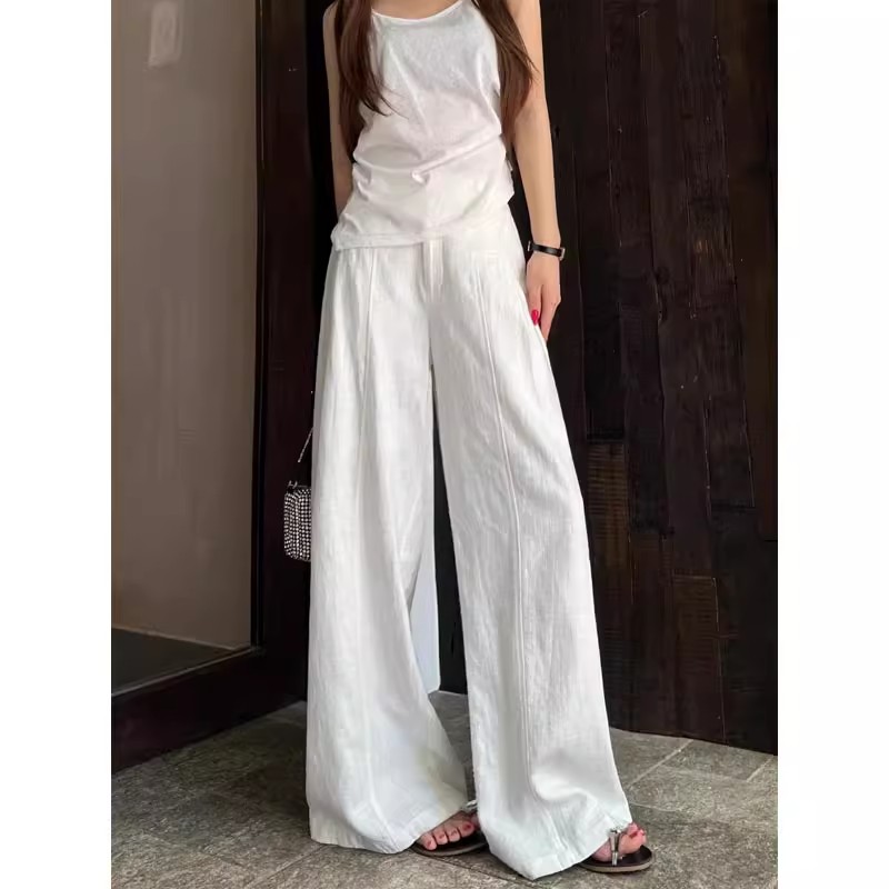 白色棉麻阔腿裤女春秋直筒休闲裤