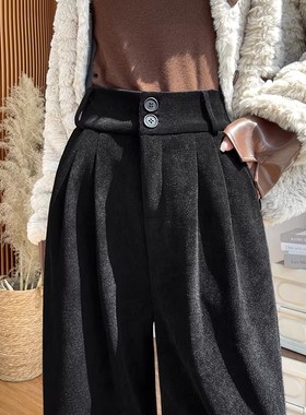 清仓捡漏黑色西装阔腿裤女秋冬季加绒高腰垂感直筒休闲灯芯绒裤子