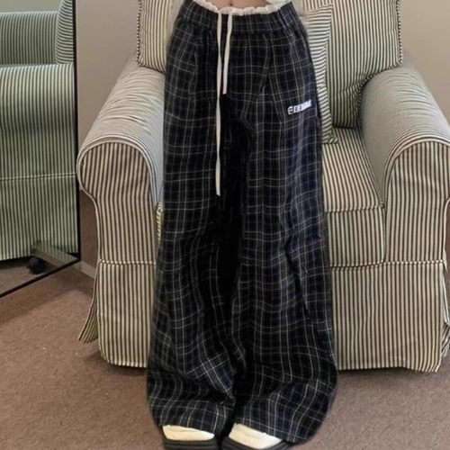 美式格子阔腿裤女秋季遛弯休闲裤
