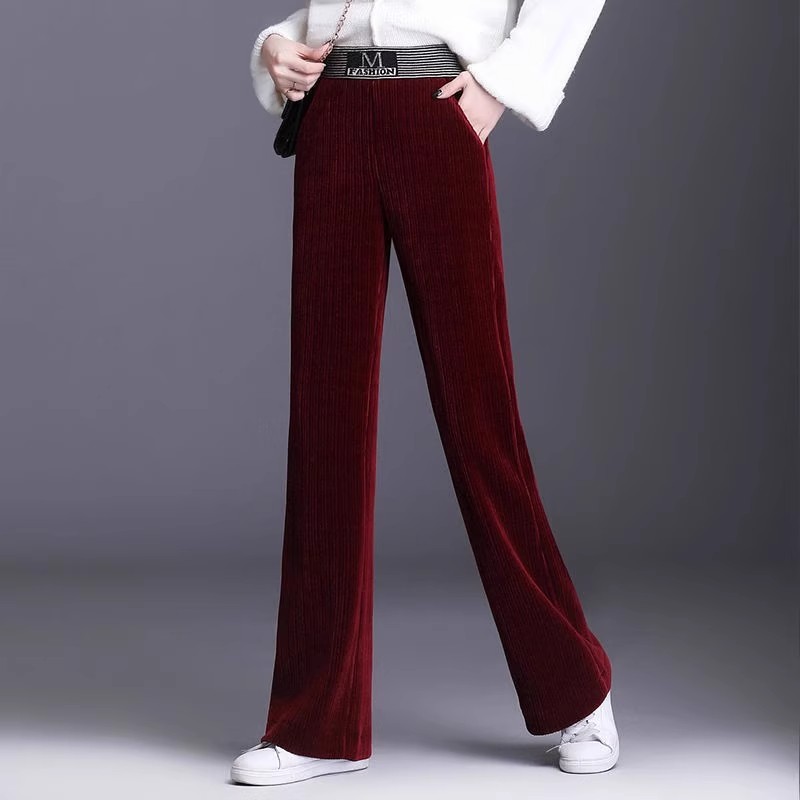 酒红色加绒加厚灯芯绒裤女阔腿裤