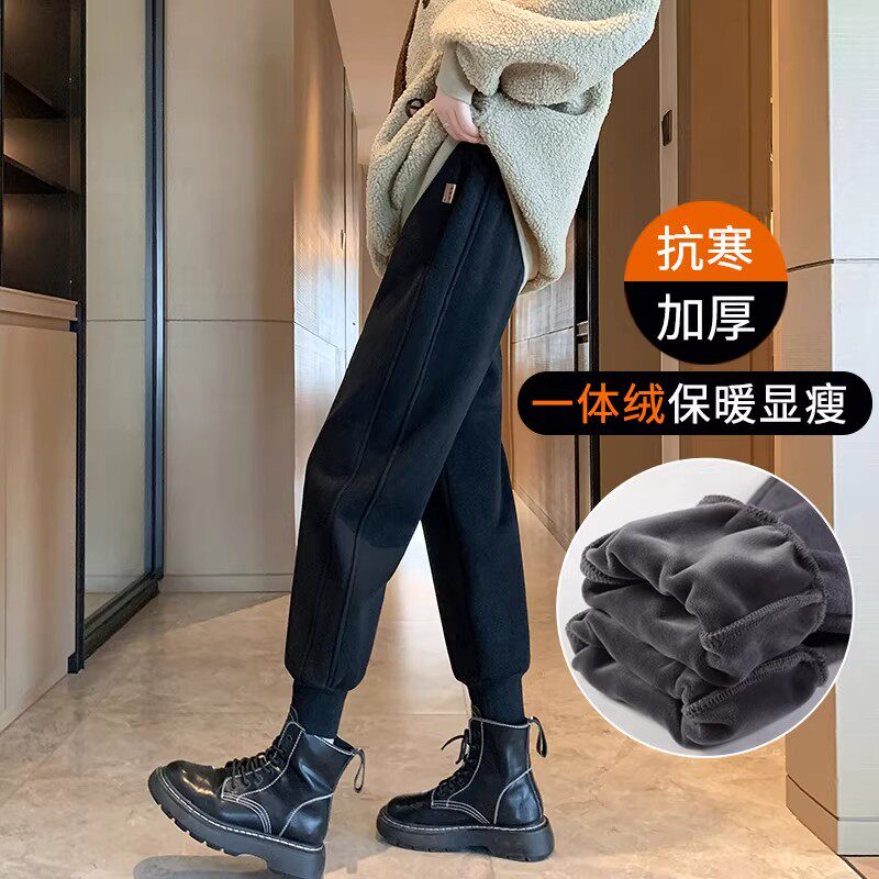 清仓捡漏黑色加绒运动裤女秋冬学生小个子八分休闲裤子束脚卫裤女