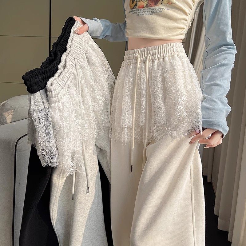 清仓捡漏芭蕾风蕾丝拼接阔腿裤女夏季高腰抽绳直筒休闲运动卫裤子