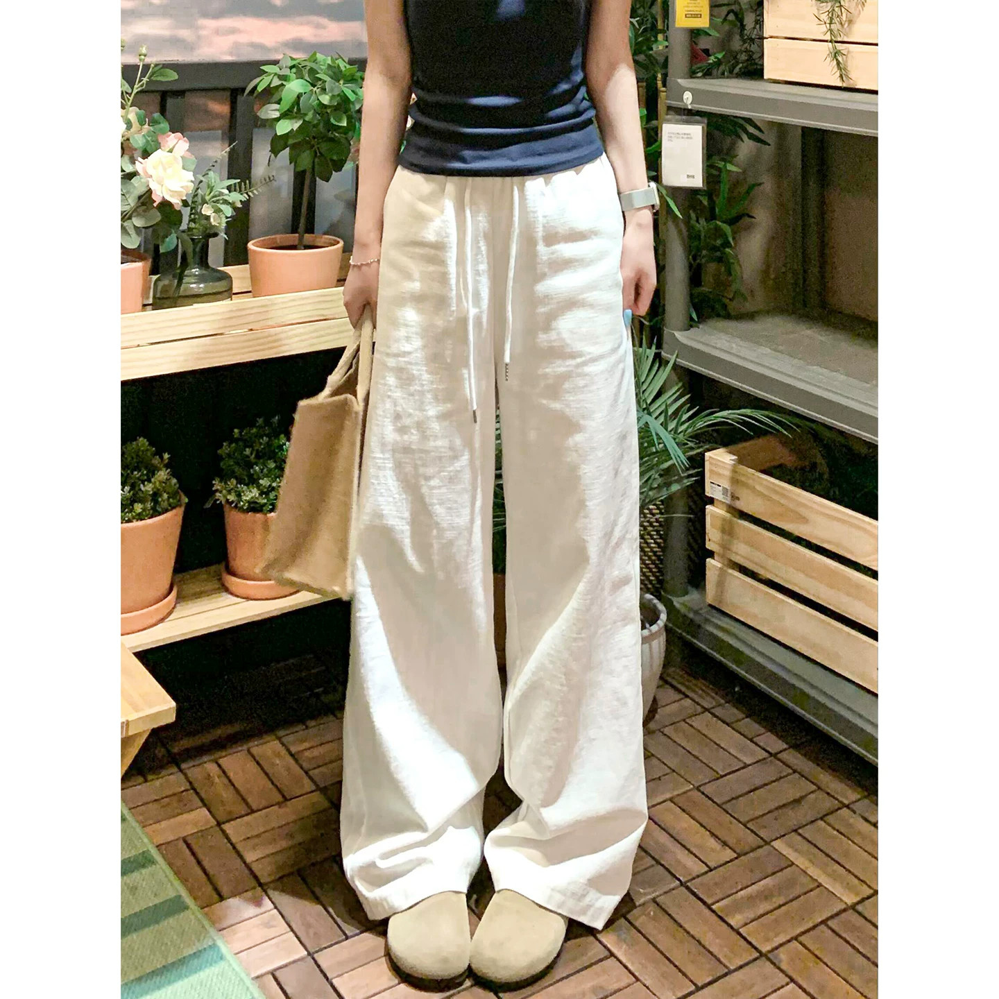 白色棉麻阔腿裤女春秋抽绳休闲裤