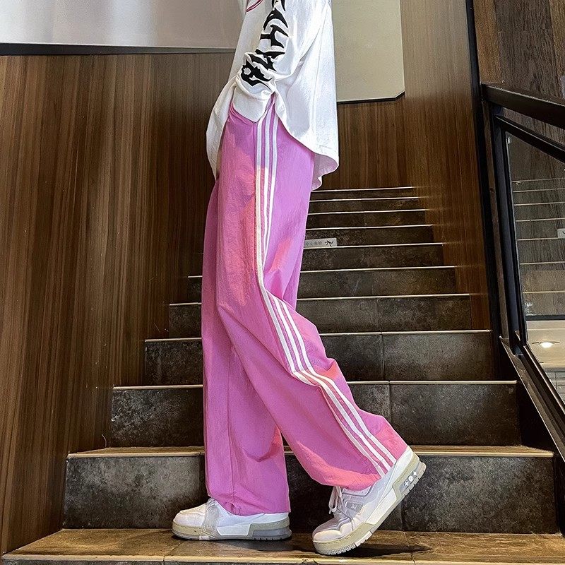 多巴胺粉色裤子女条纹三杆冲锋裤