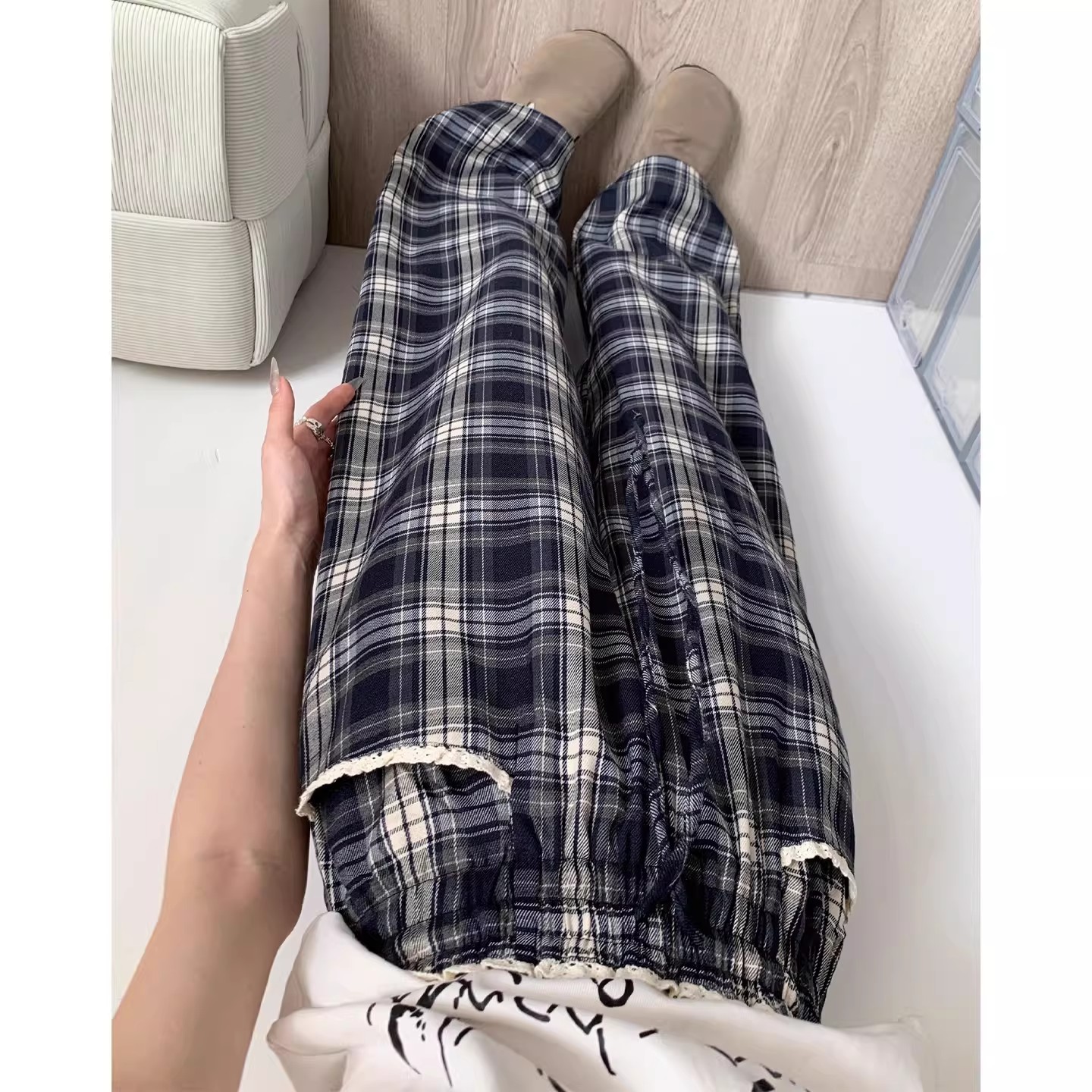 藏青色复古格子裤女夏季蕾丝花边