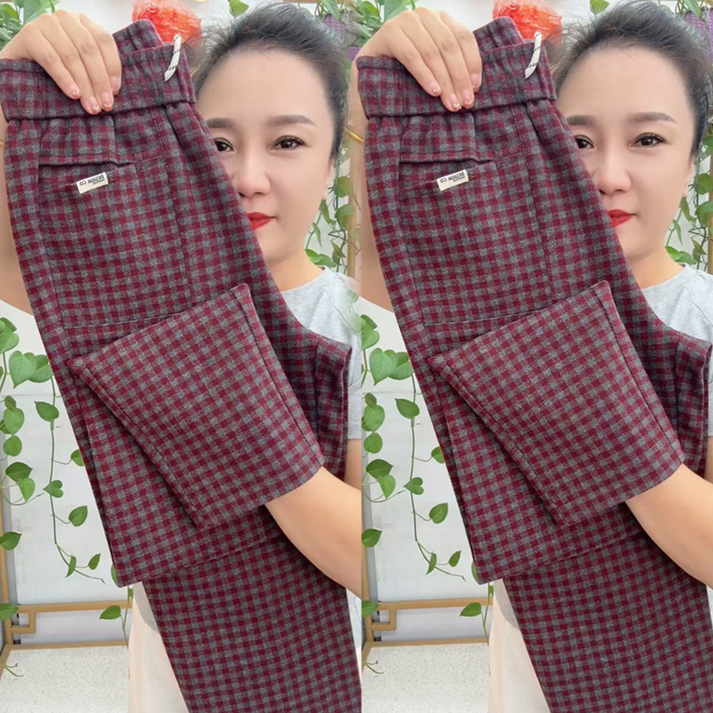 中老年格子裤女秋冬哈伦小脚长裤