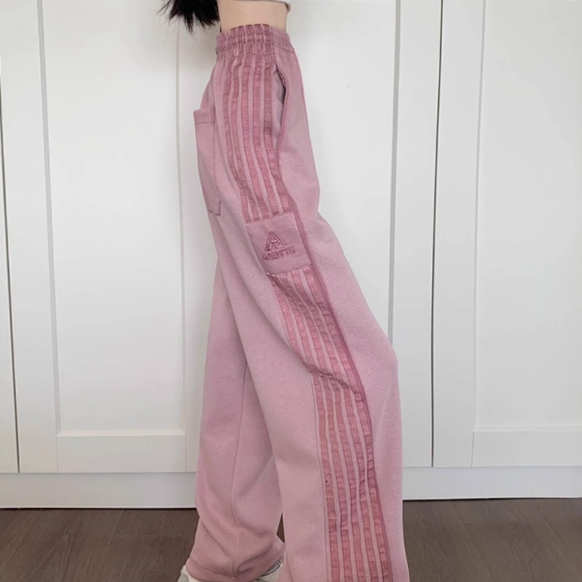 粉色条纹运动裤女春夏美式卫裤子