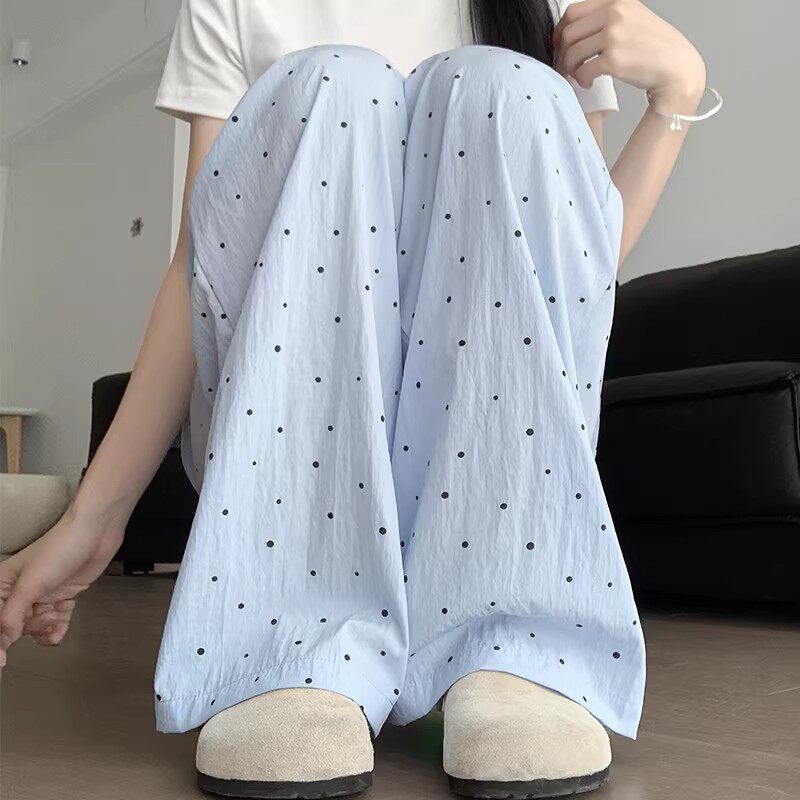 蓝色波点阔腿裤女夏季冰丝山本裤