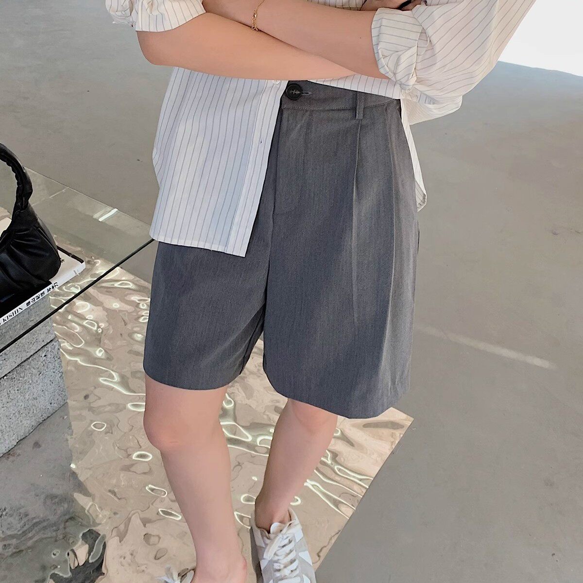 清仓捡漏西装五分裤女夏季宽松高腰休闲薄款中裤灰色直筒阔腿短裤