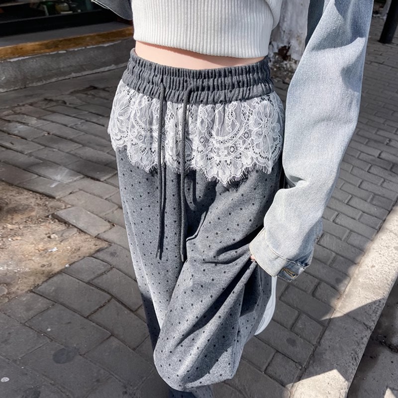 蕾丝拼接波点灰色阔腿裤女夏季