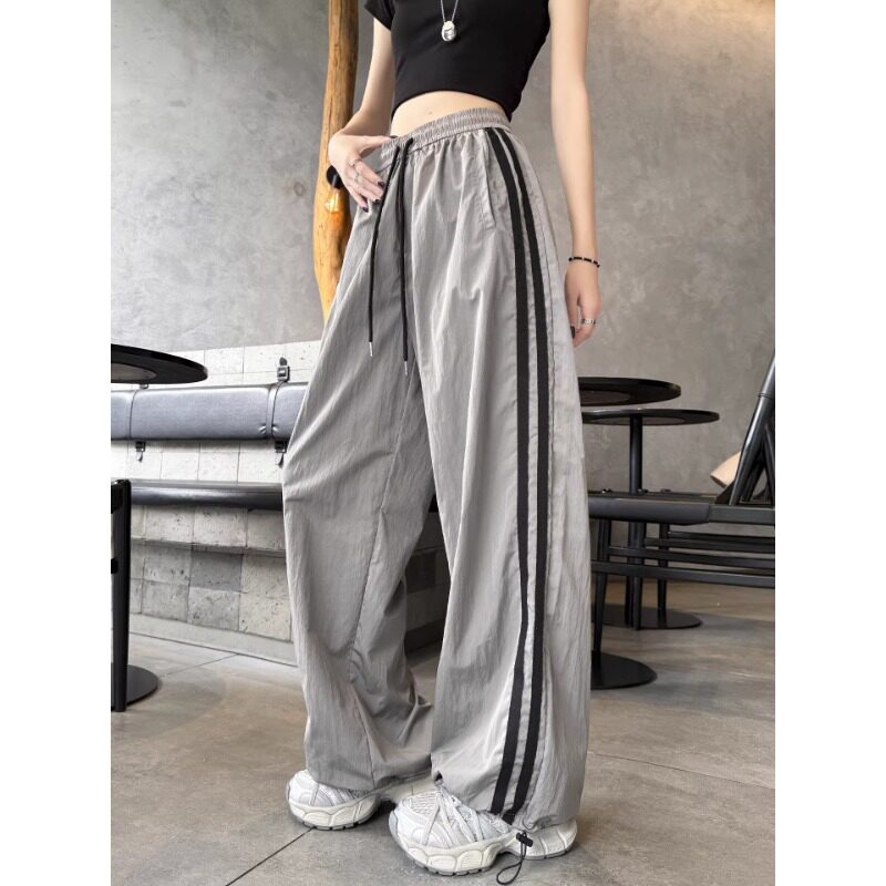 清仓捡漏美式灰色工装裤女春夏季高腰宽松垂感速干运动条纹阔腿裤