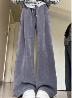 清仓捡漏灰色灯芯绒阔腿裤子女秋冬加绒小个子窄版直筒垂感西装裤