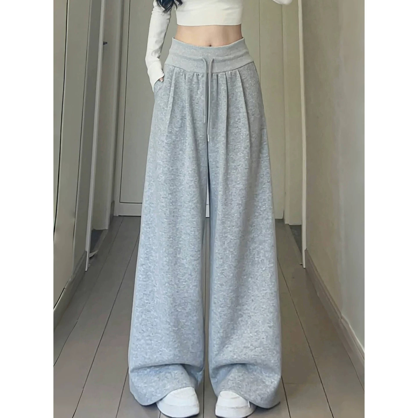 美式灰色休闲阔腿裤女秋季运动裤