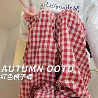 清仓捡漏红色格子裤女夏季高腰显瘦百搭垂感慵懒风休闲直筒阔腿裤
